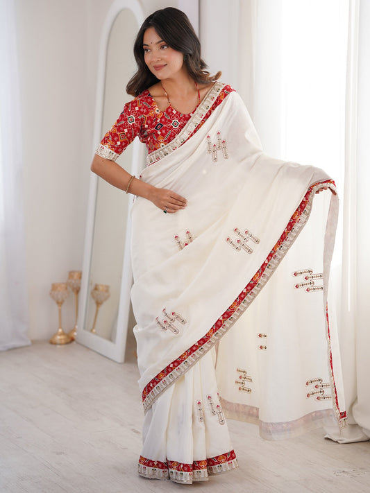 White Embroidered Saree with Red Patola Blouse | Mirror & Sequin Work - Ressa