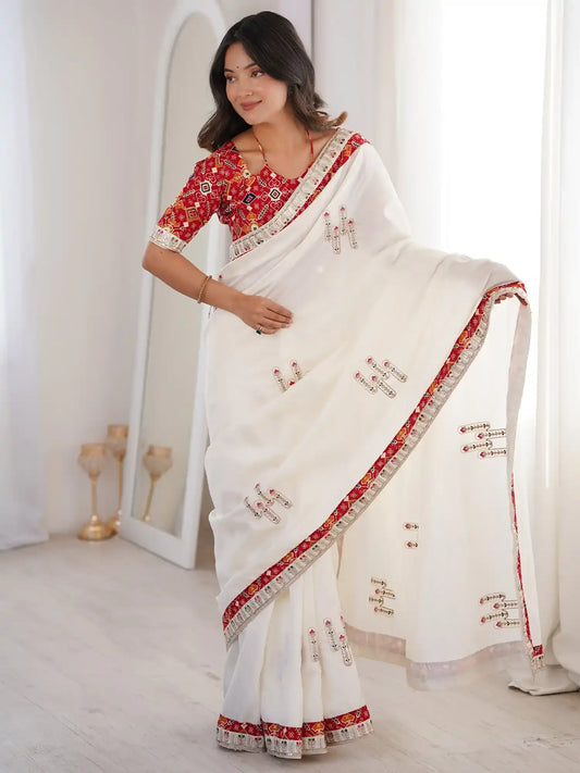 White Embroidered Saree with Red Patola Blouse | Mirror & Sequin Work