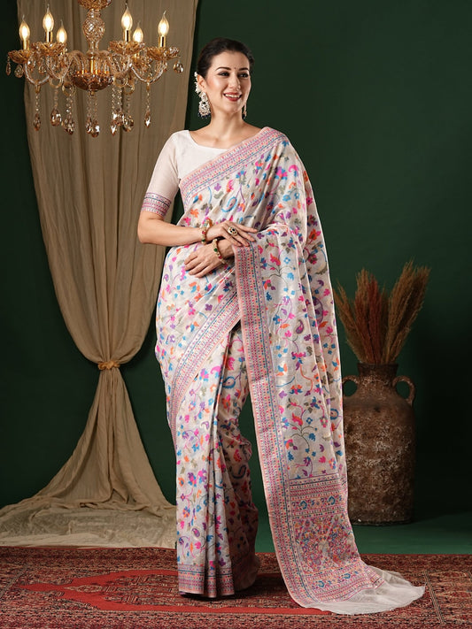 White Floral Kashmiri Silk Saree - Ressa