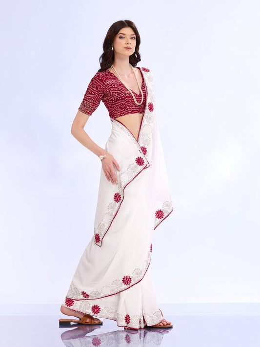 White Georgette Saree with Bandhani Blouse - Ressa