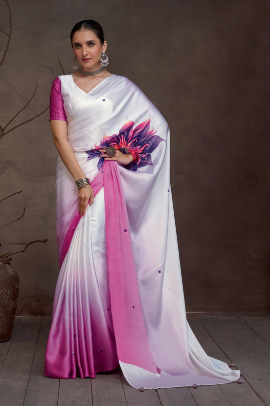 White & Pink Ombre Satin Saree - Ressa