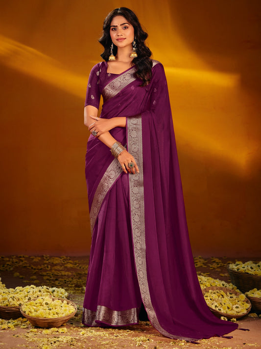 Wine Dola Silk Saree with Zari Border - Ressa