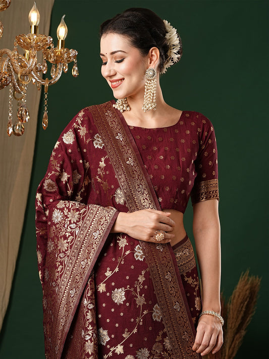 Wine Floral Georgette Saree with Jari Border - Ressa