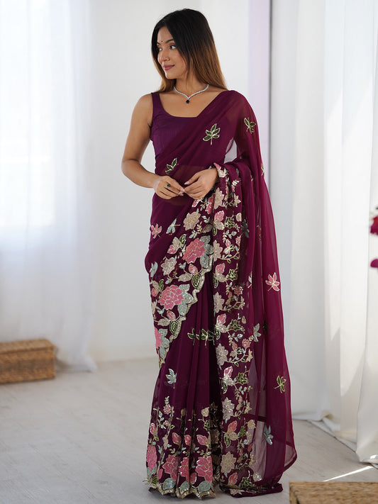 Wine Georgette Embroidered Saree - Ressa