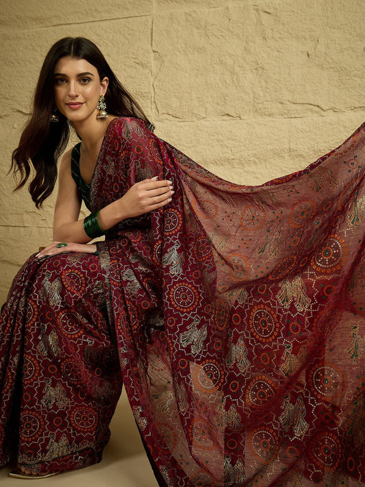 Wine Georgette Saree with Bandhani Digital Print - Ressa