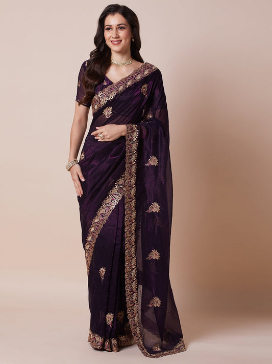 Wine Georgette Zari Embroidery Sequin Work Saree - Ressa