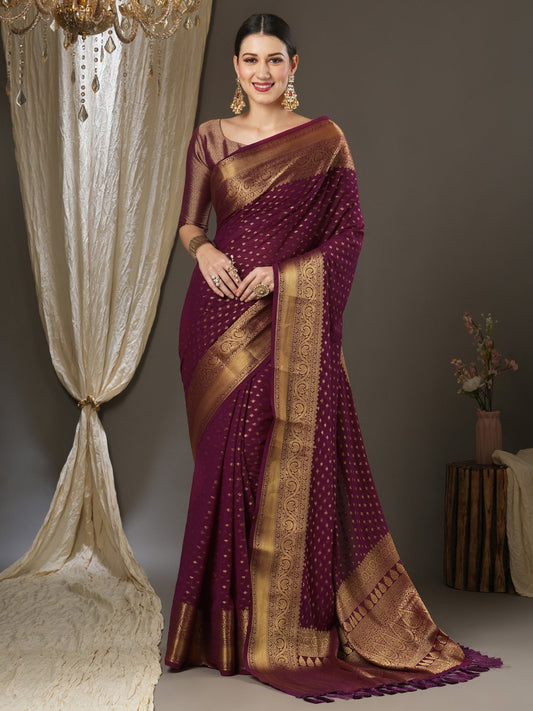 Wine Georgette Zari Woven Saree - Ressa
