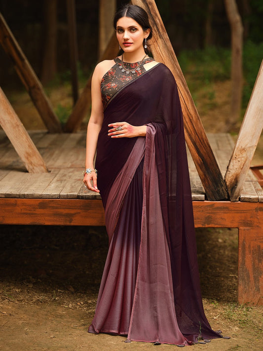 Wine & Mauve Ombre Chiffon Saree - Ressa