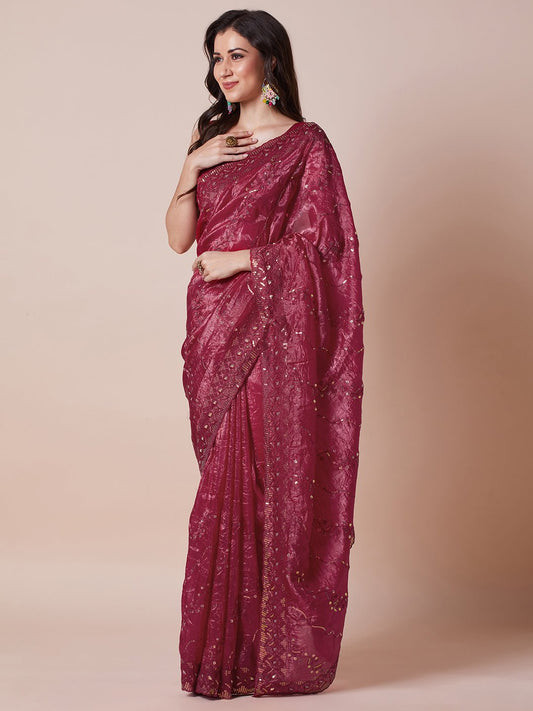 Wine Polyester Embroidered Border Modern Aesthetic Saree - Ressa