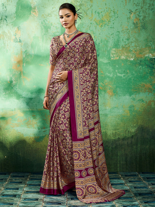 Wine Purple Ajrakh Block Printed Saree - Ressa