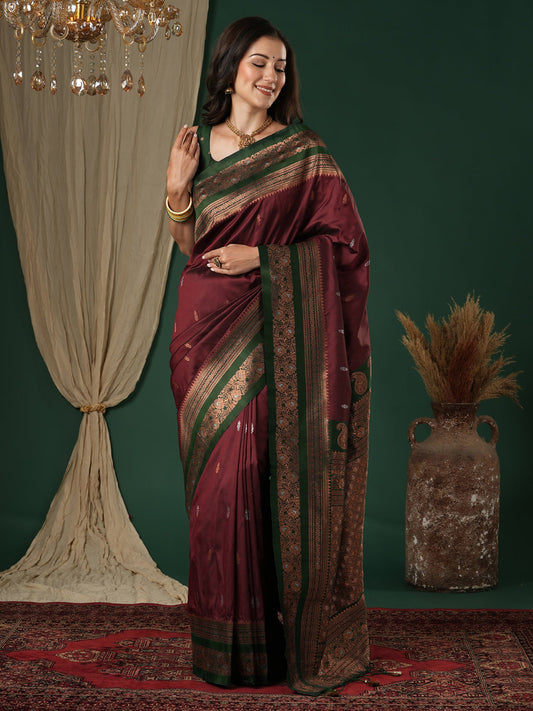 Wine Red & Emerald Green Banarasi Silk Zari Weaving Saree - Ressa