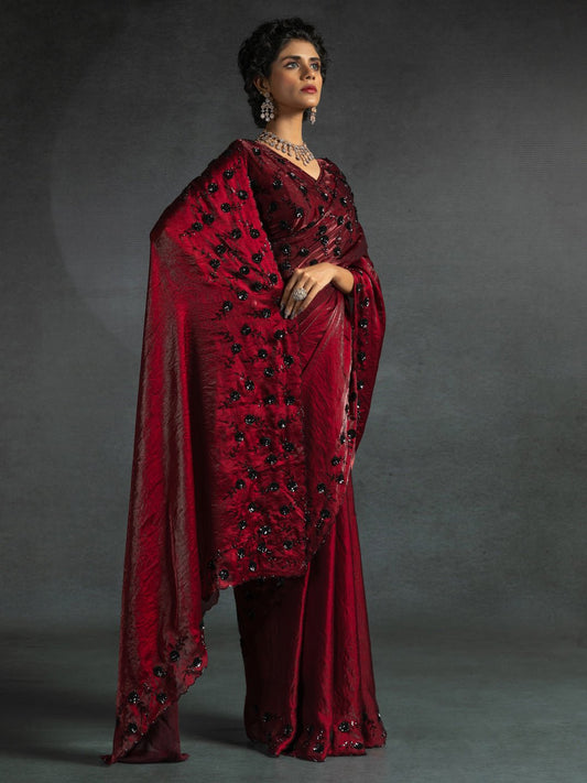 Wine Red Scalloped Tisshu Saree - Ressa