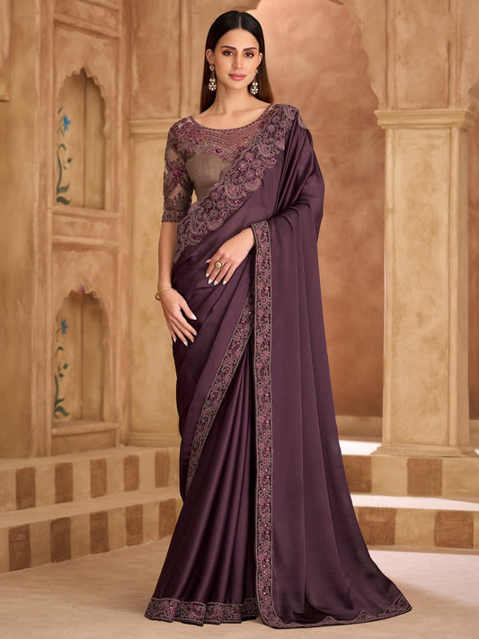 Wine Satin Emblished Party Wear Saree - Ressa