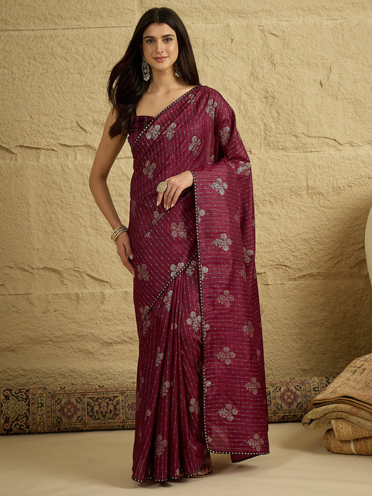 Wine Silk Blend Silver Foil Print Saree - Ressa