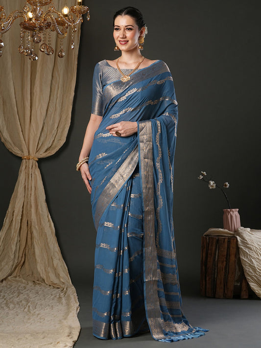 Woven Design Zari Teal Blue Georgette Banarasi Saree - Ressa