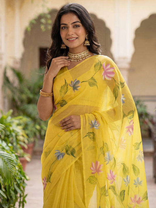 Yellow Chinnon Hand Painted Saree - Ressa