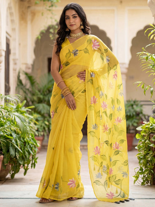 Yellow Chinnon Hand Painted Saree - Ressa