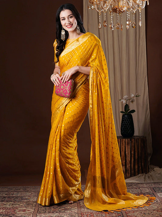 Yellow Floral Georgette Saree with Jari Border - Ressa