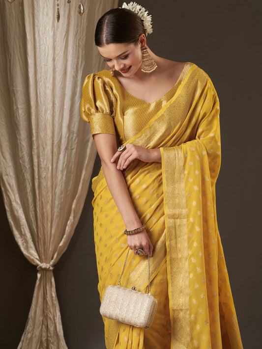 Yellow Floral Georgette Saree with Jari Border - Ressa