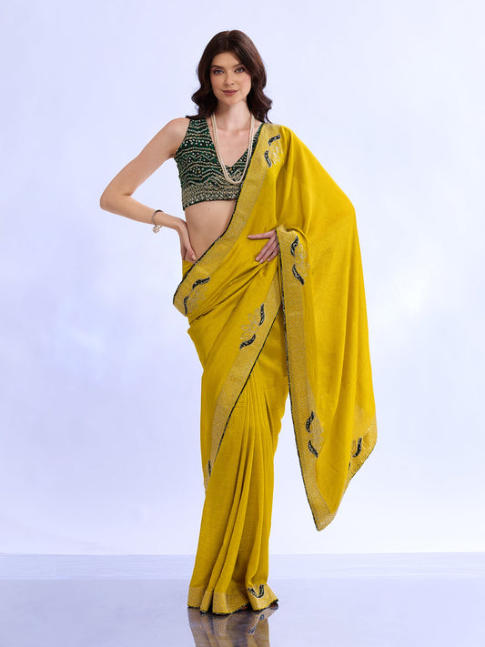 Yellow Georgette Saree with Sequin Border & Bandhani Blouse - Ressa