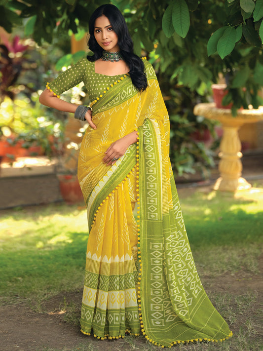Yellow & Green Ikkat Geometric Print - Ressa