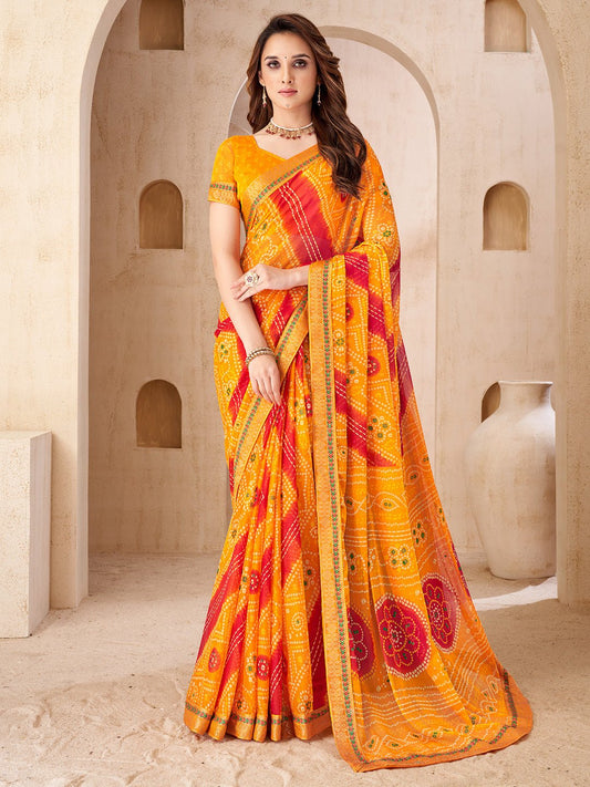 Yellow & Red Georgette Bandhani Saree - Ressa
