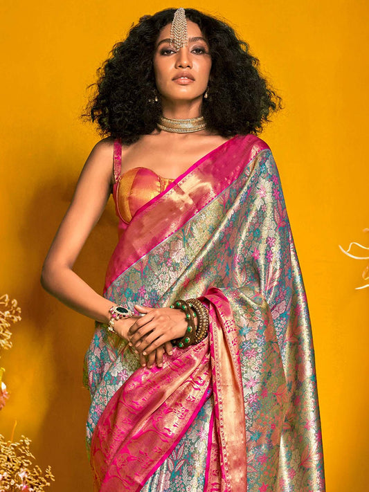 Yellow Silk Blend Zari Weaving Floral Butti Saree - Ressa