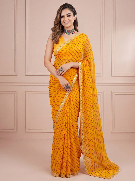 Yellow Striped Georgette Saree - Ressa