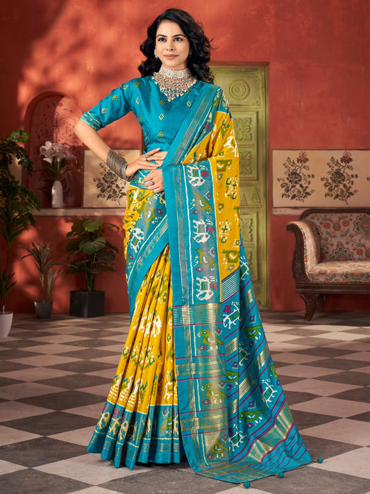 Yellow Teal Blue Tussar Silk Printed Patola Zari Border Blouse Saree - Ressa