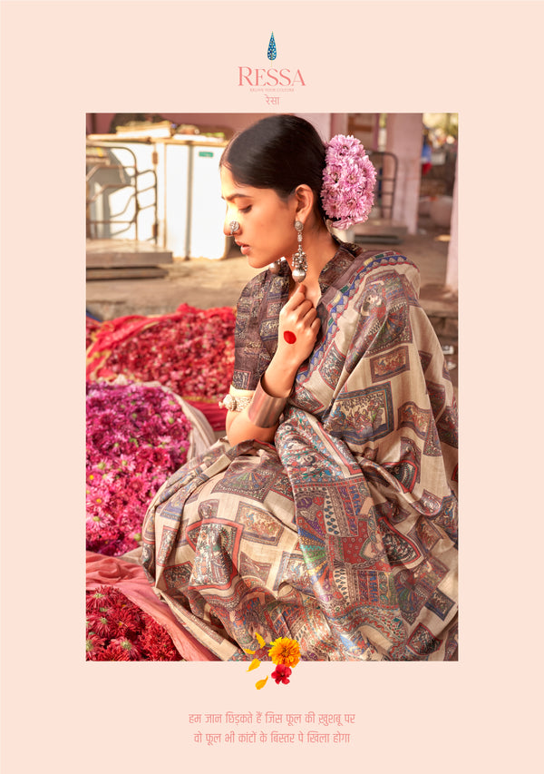 Brown Coloured Designer Madhubani Print Saree