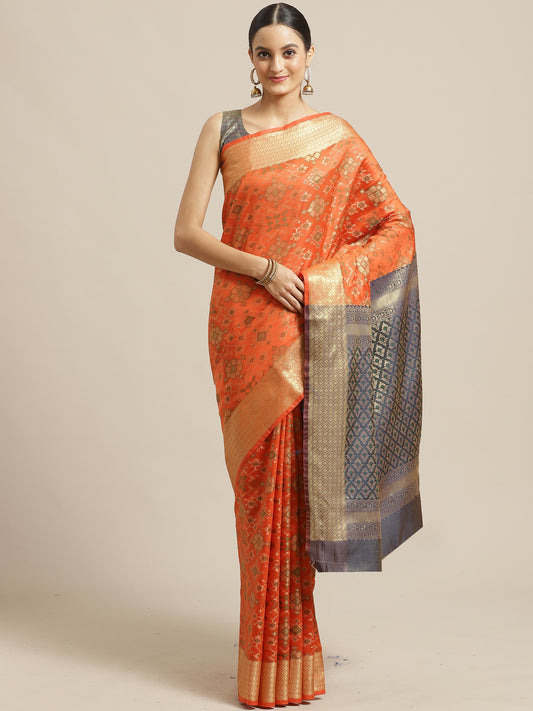 Vibrant Orange-Red Pure Banarasi Silk Saree