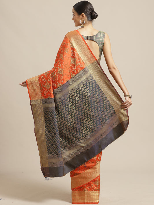 Vibrant Orange-Red Pure Banarasi Silk Saree