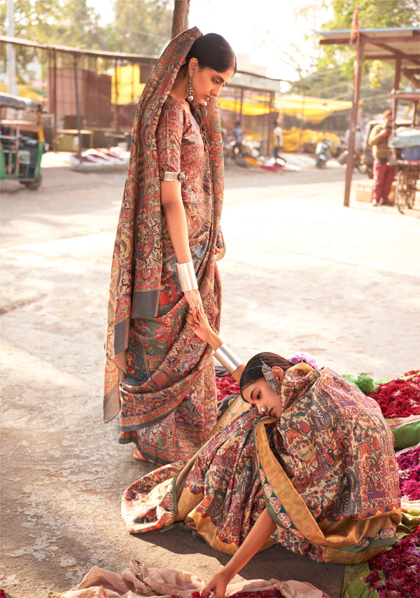 Brown Coloured Designer Madhubani Print Saree