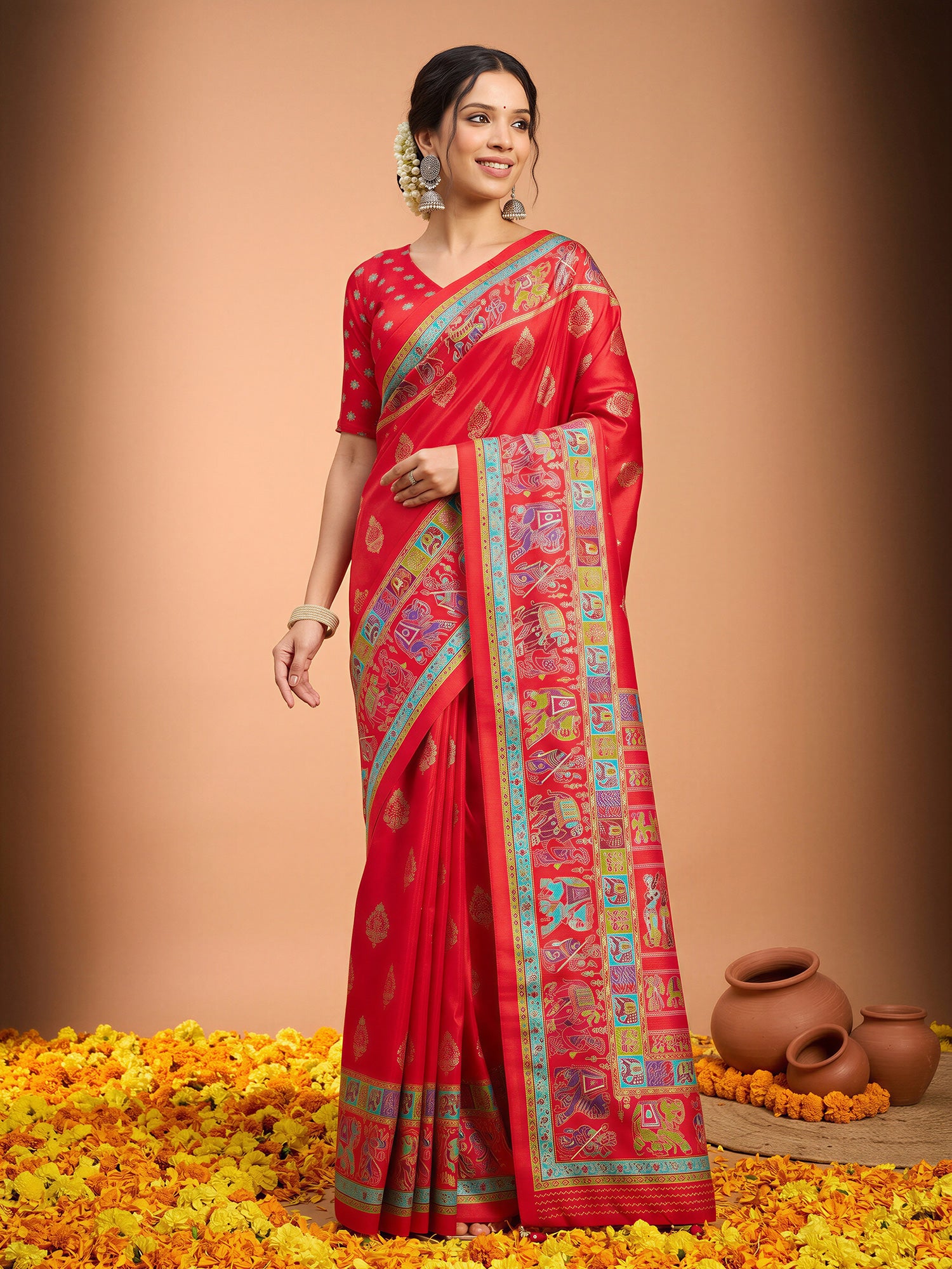 Woman wearing red silk blend saree with metallic foil print work and red blouse
