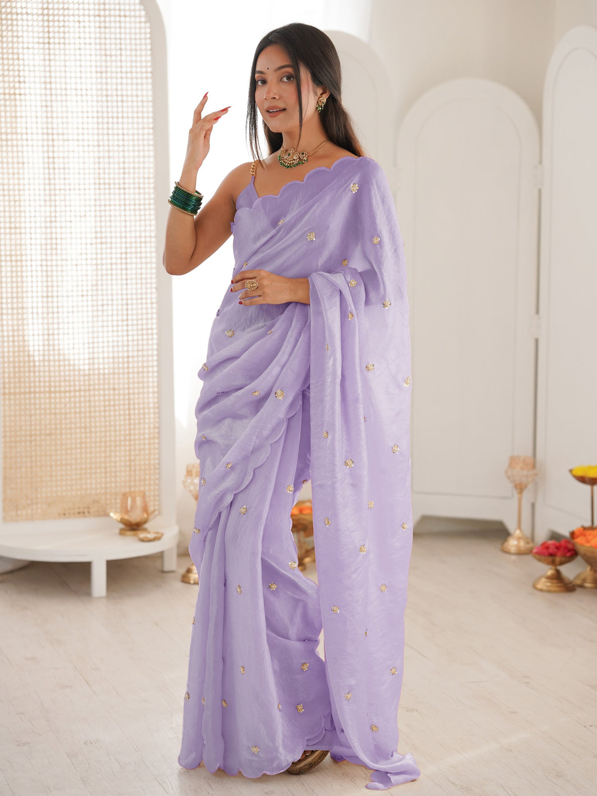 Lavender embellished satin saree with lavender blouse piece