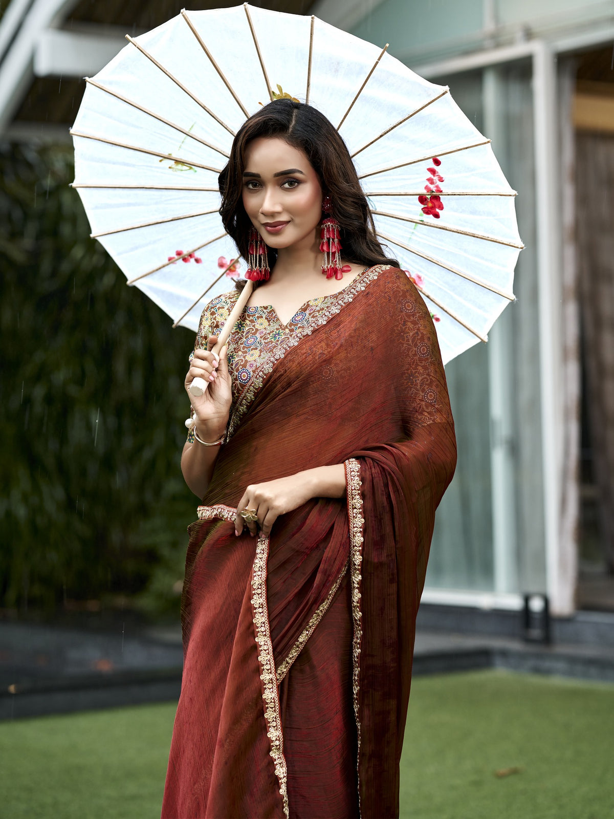 Brown chiffon saree view 4