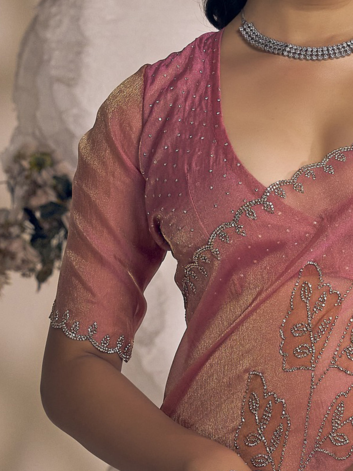 Unstitched pink organza blouse piece with embellished design