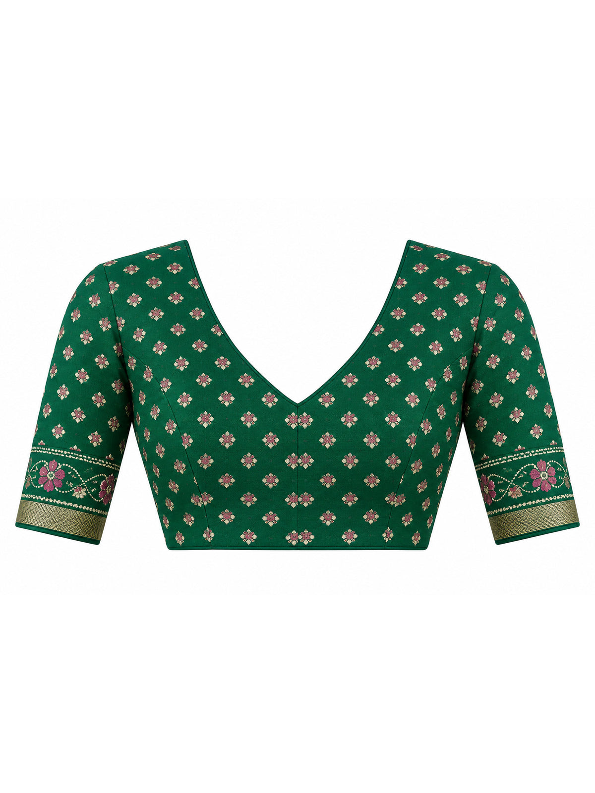 Unstitched green silk blend blouse piece with ikat design