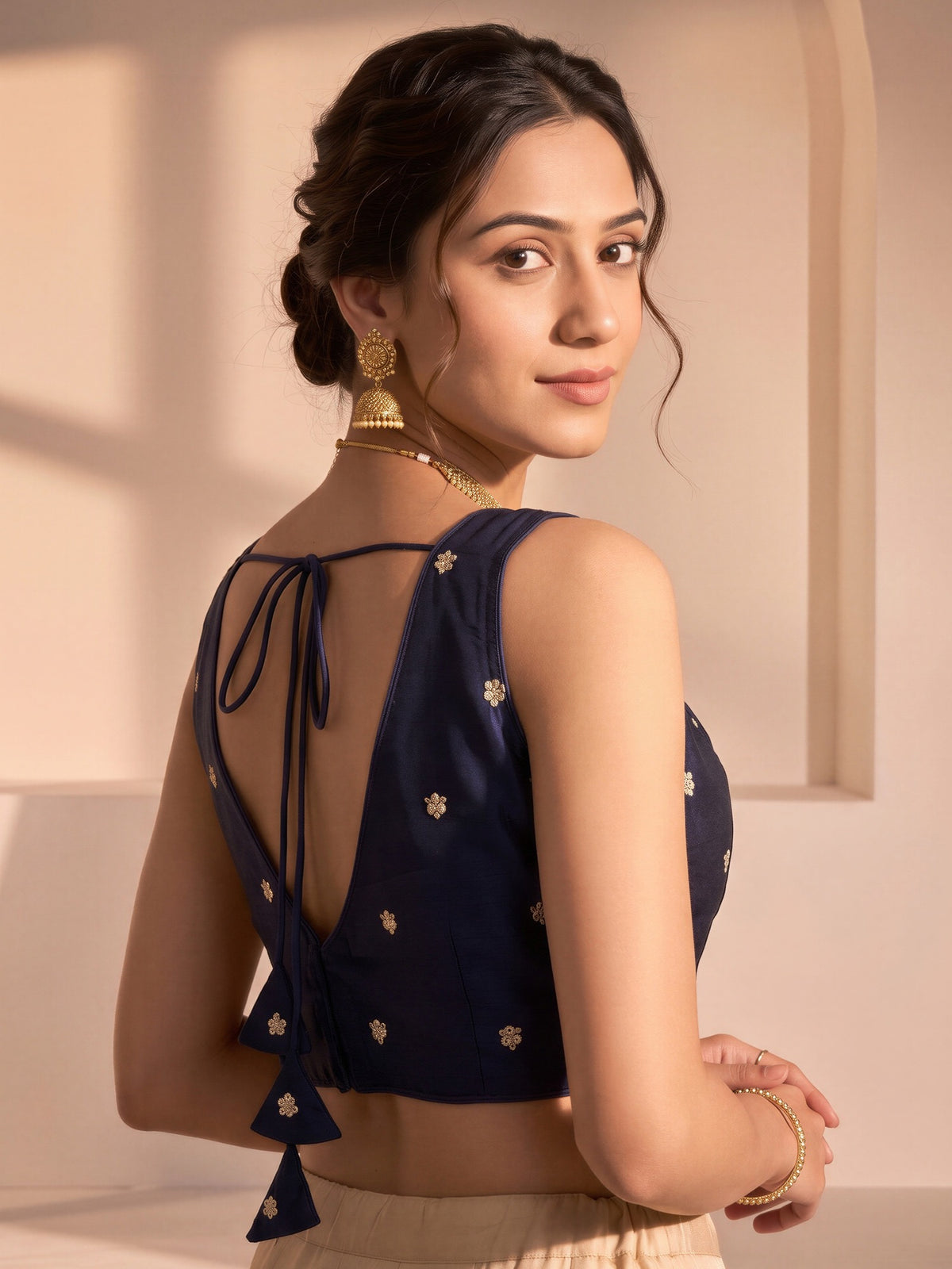 Navy Blue sequin embellished vichitra silk sleeveless readymade saree blouse with v neck view 1