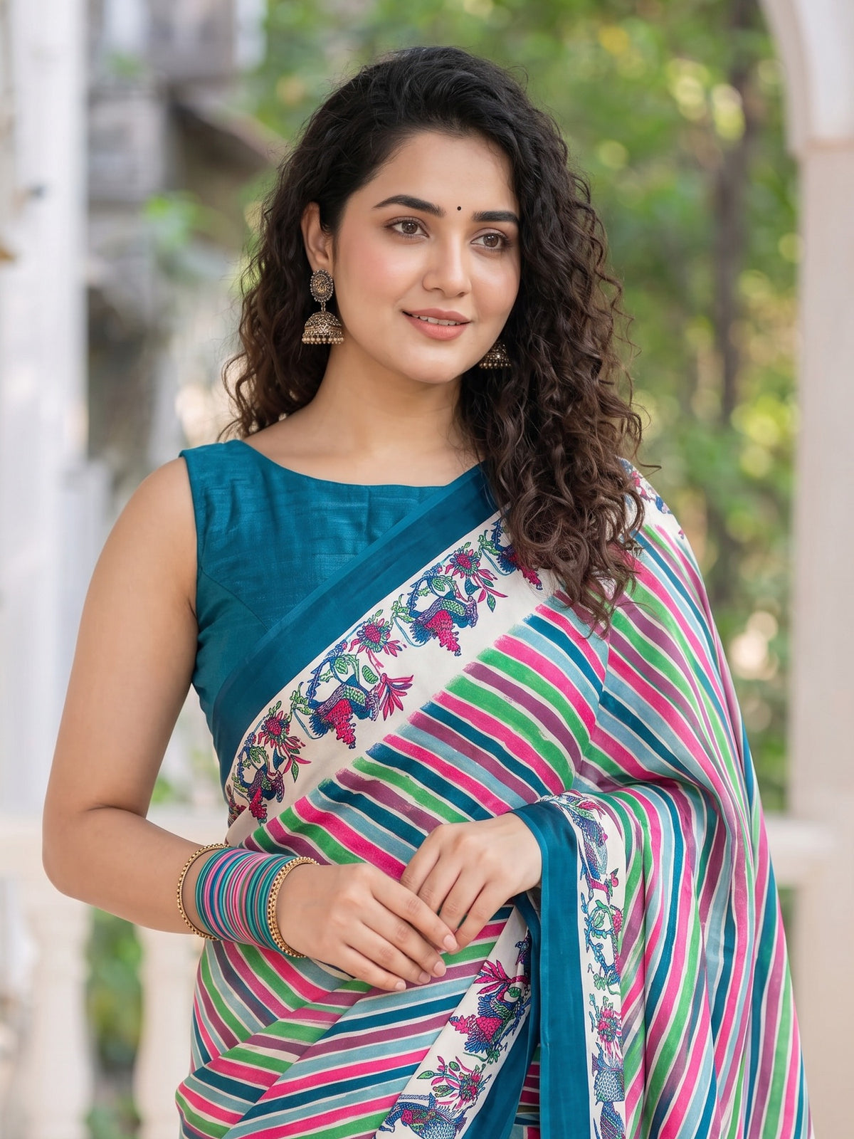 Teal crepe saree view 2