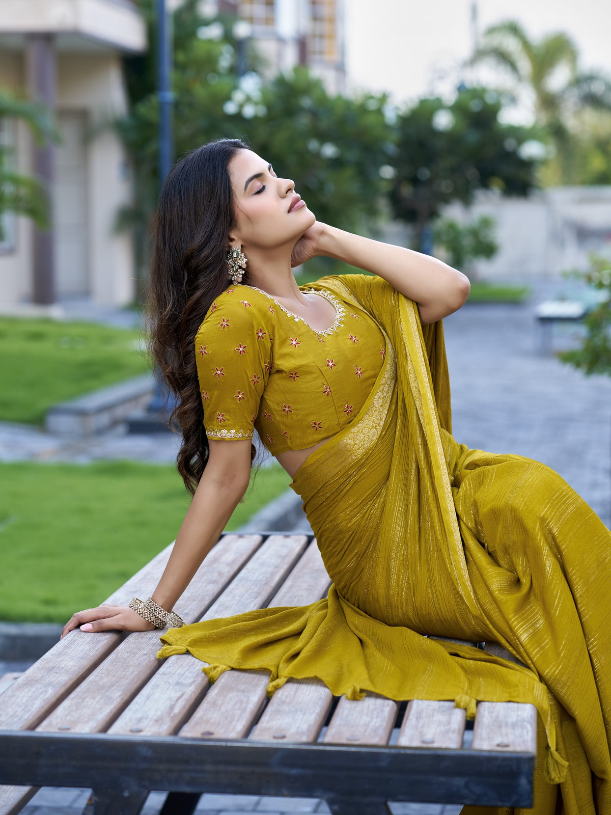 Olive jacquard saree view 1