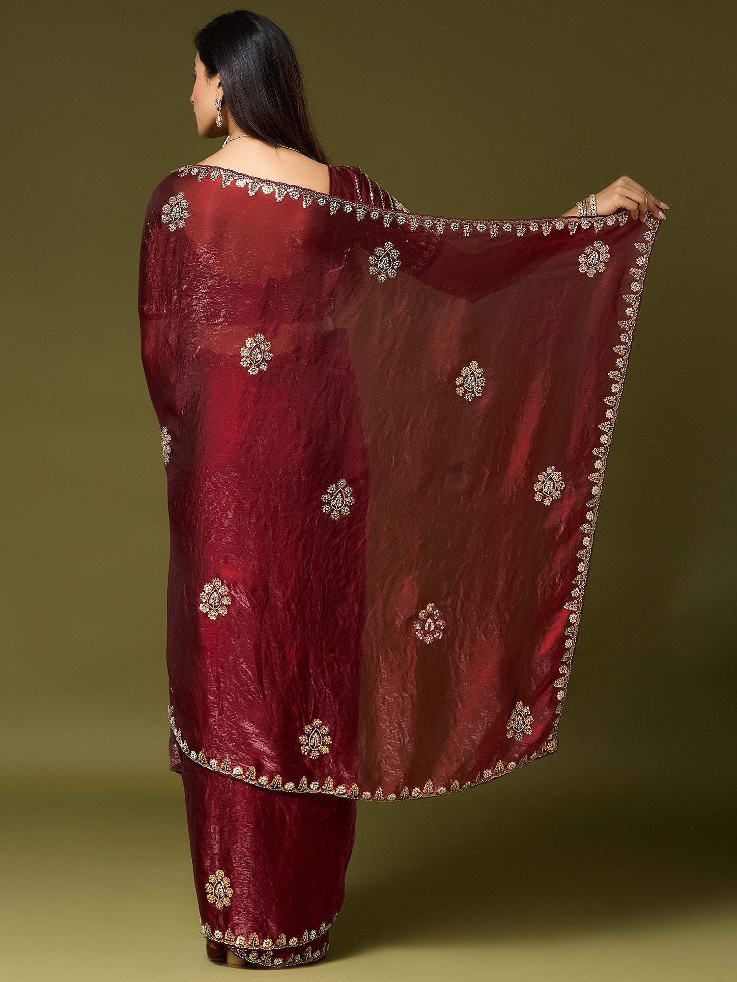Maroon Satin Silk saree – detail view 1