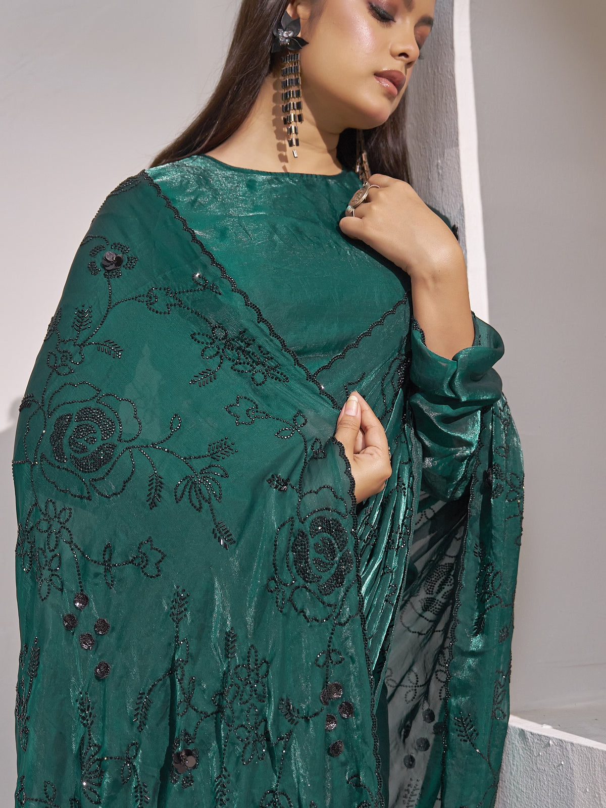 Teal Green satin silk saree view 4
