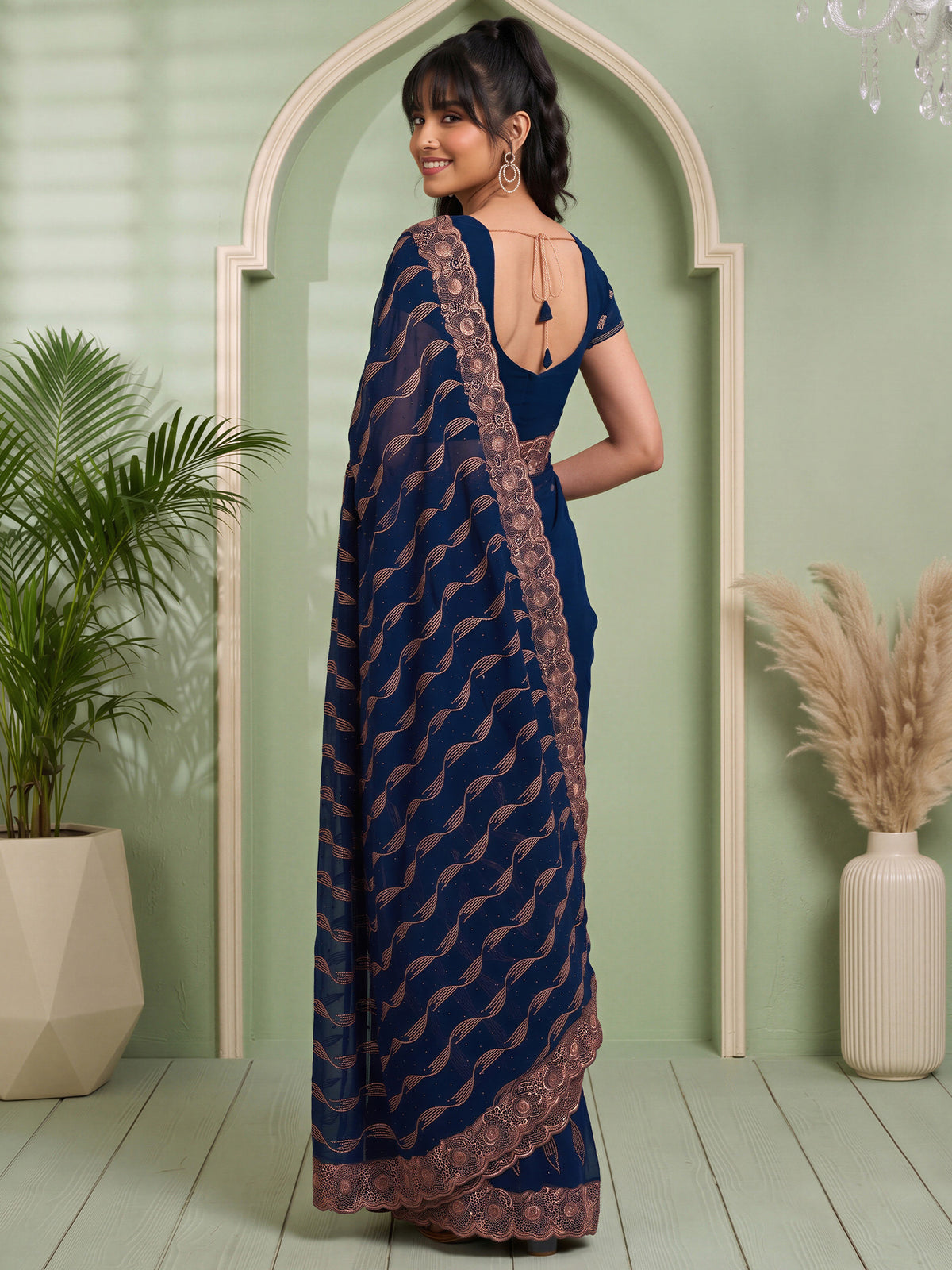 Teal Blue Pure Georgette saree – detail view 1