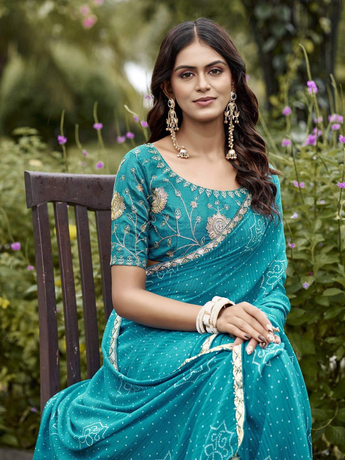 Turquoise Blue georgette saree view 3