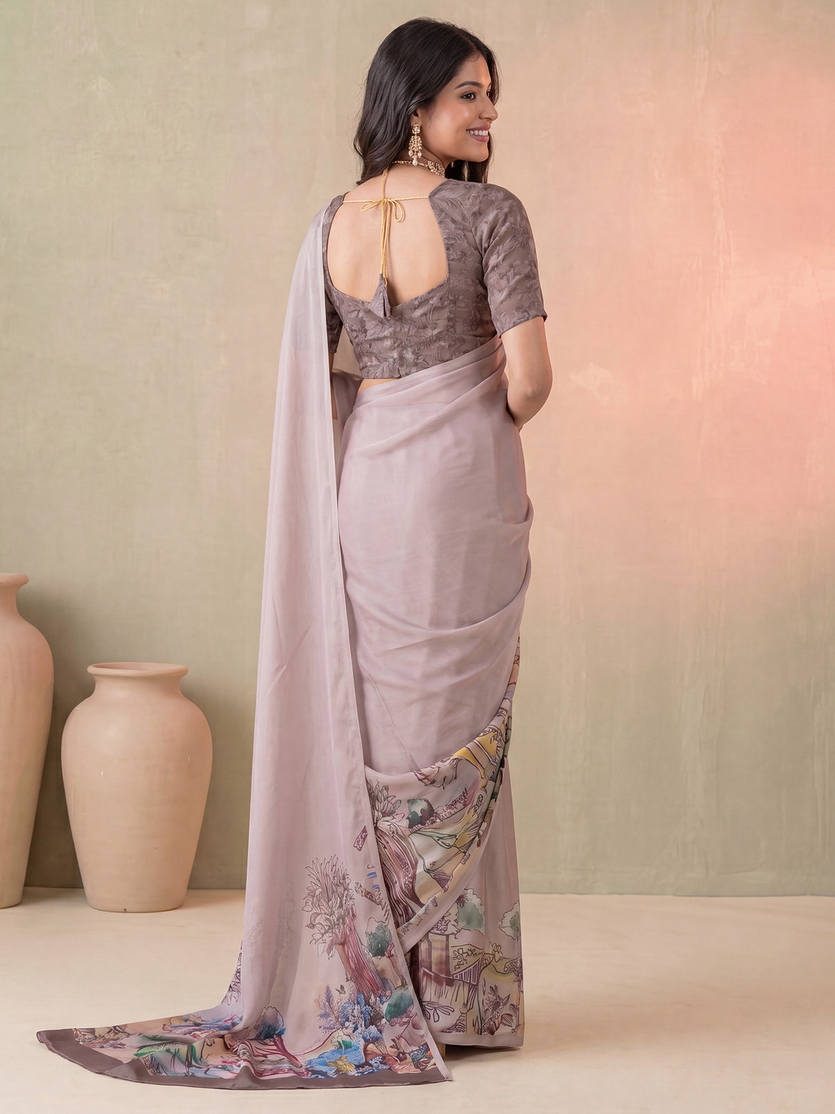 Beige Satin saree – detail view 1