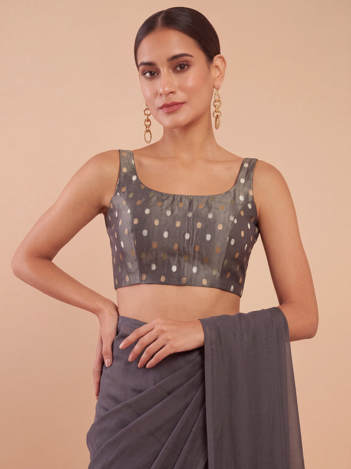 Olive zari woven georgette sleeveless readymade saree blouse with round neck view 1