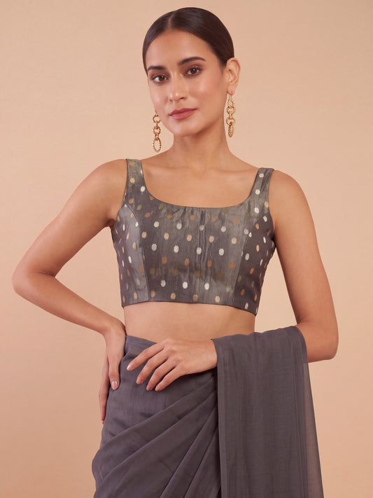Olive zari woven georgette sleeveless readymade saree blouse with round neck view 1