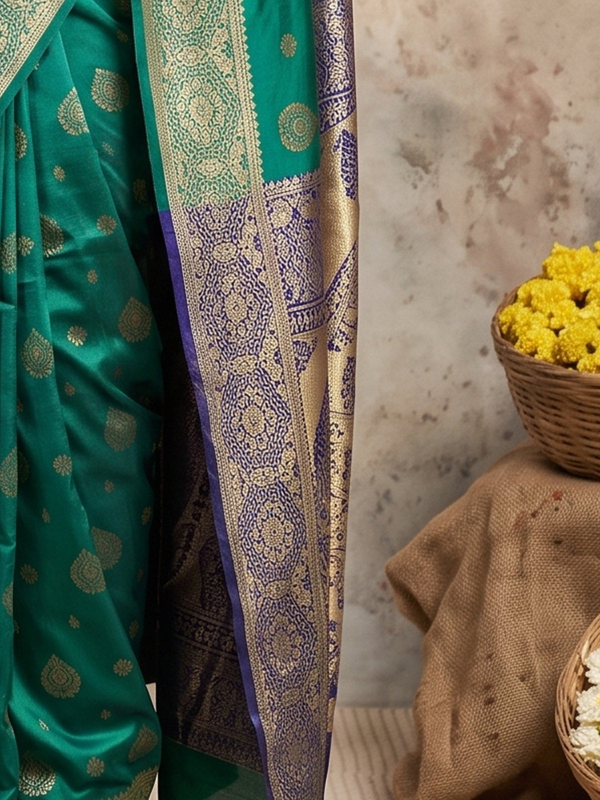 Pallu detail of teal green silk blend saree showing zari butta (metallic motif) work and zari border