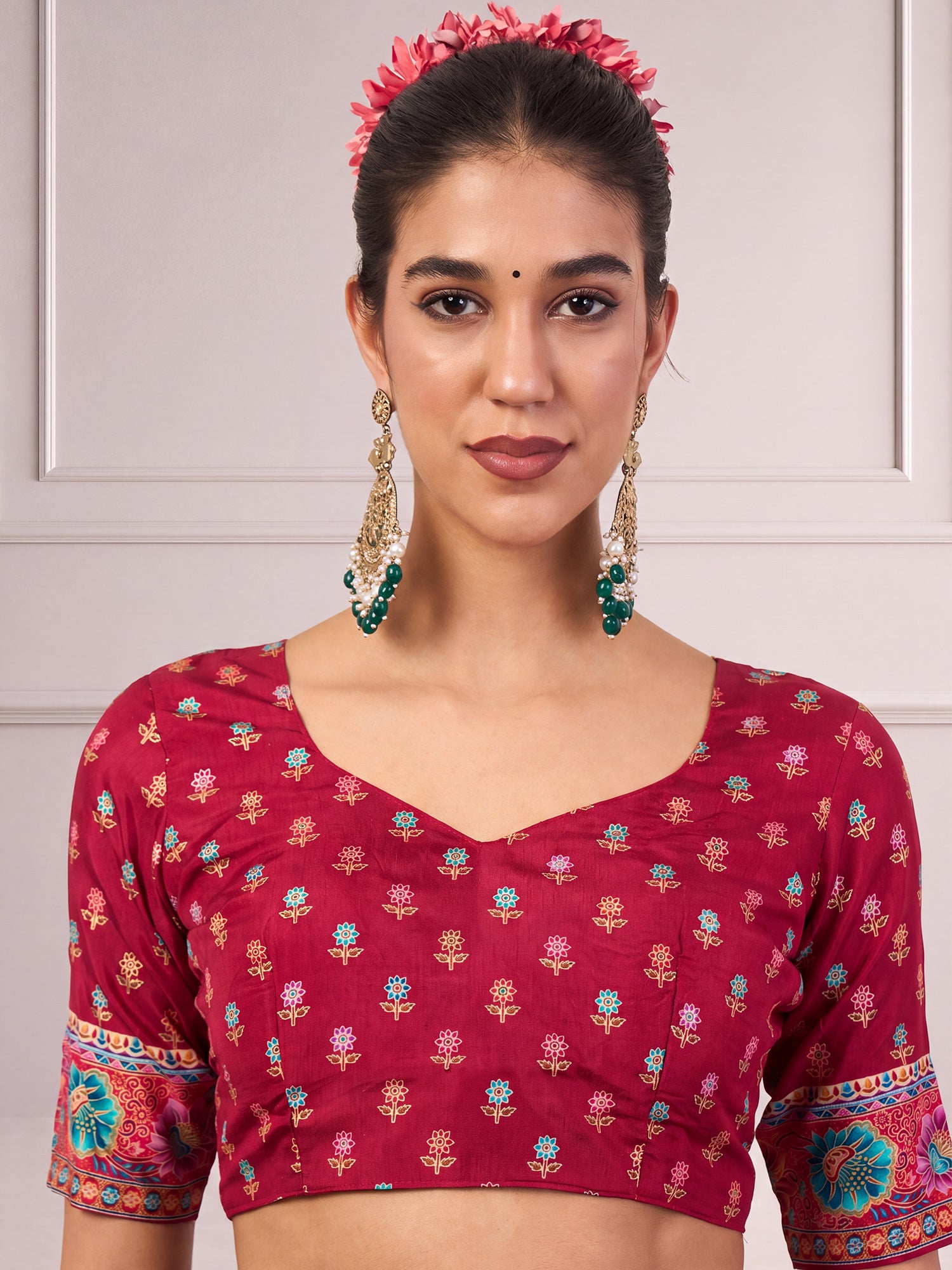 Unstitched maroon viscose blouse piece with ethnic motif design